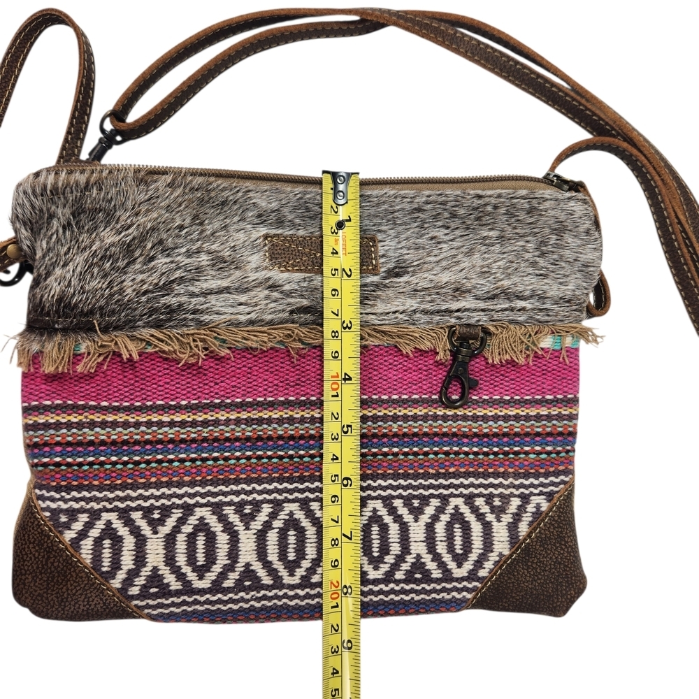 Myra Bag Crossbody Upcycled Canvas Genuine Cowhide Hair Patchwork Boho Leather - Picture 14 of 15